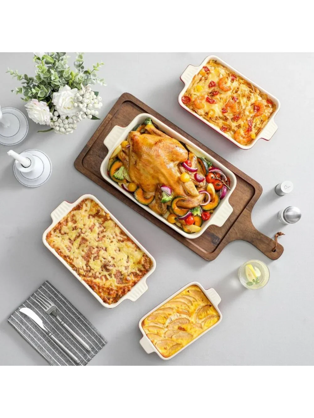 4-Piece Ceramic Bakeware Set for Oven - Casserole & Lasagna Dishes, Red